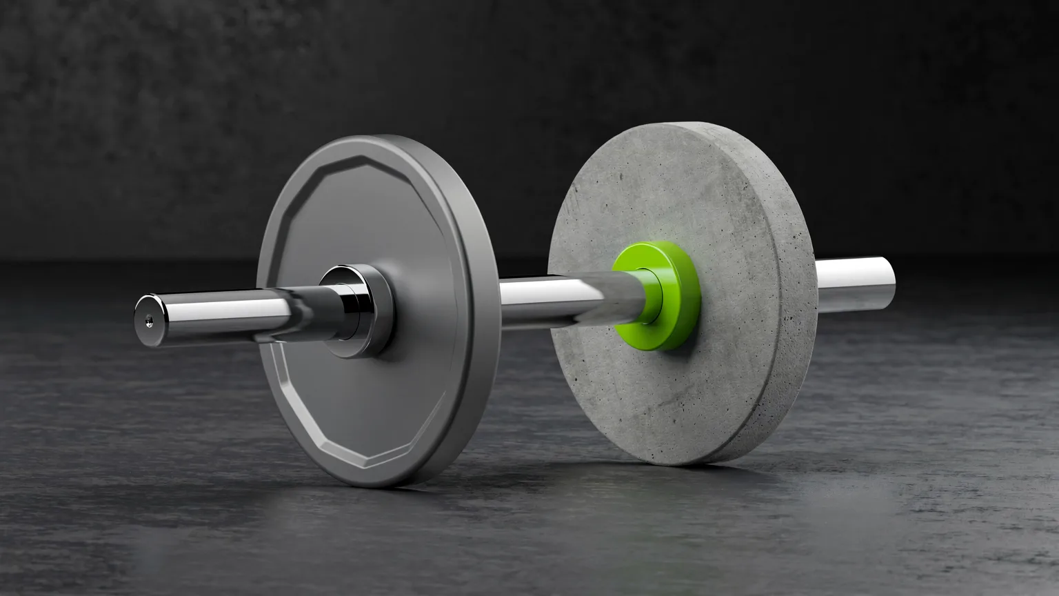 Barbell with a small steel plate on a thin sleeve and a larger concrete plate with a volt-green collar on dark concrete