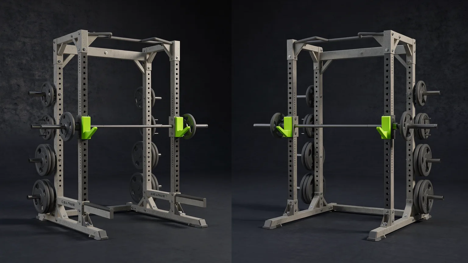 AI-generated concept illustration: a generic full power rack cage and a generic half rack in a split composition, a volt green safety pin on each