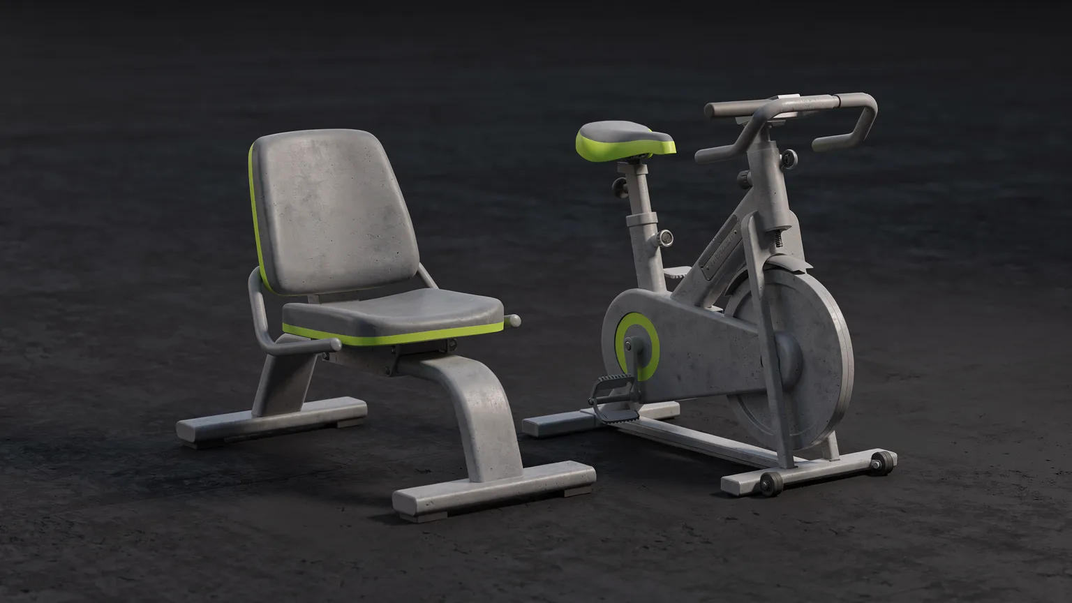 AI-generated concept illustration: a generic rowing machine seat and an exercise bike saddle side by side, volt green accent on the bike saddle