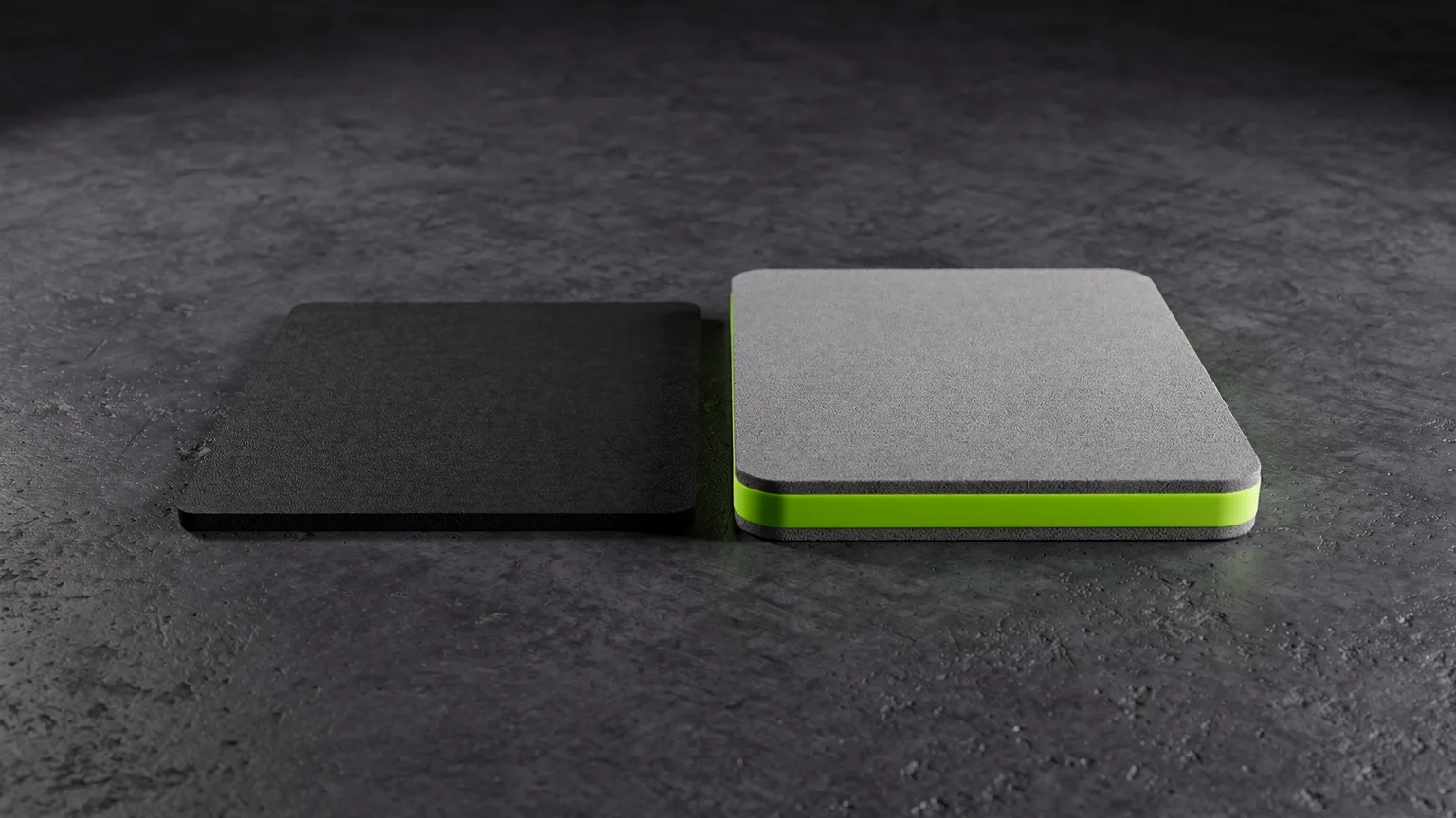 AI-generated concept illustration: a black rubber tile and a soft grey foam tile placed next to each other on concrete, volt green edge on the foam one