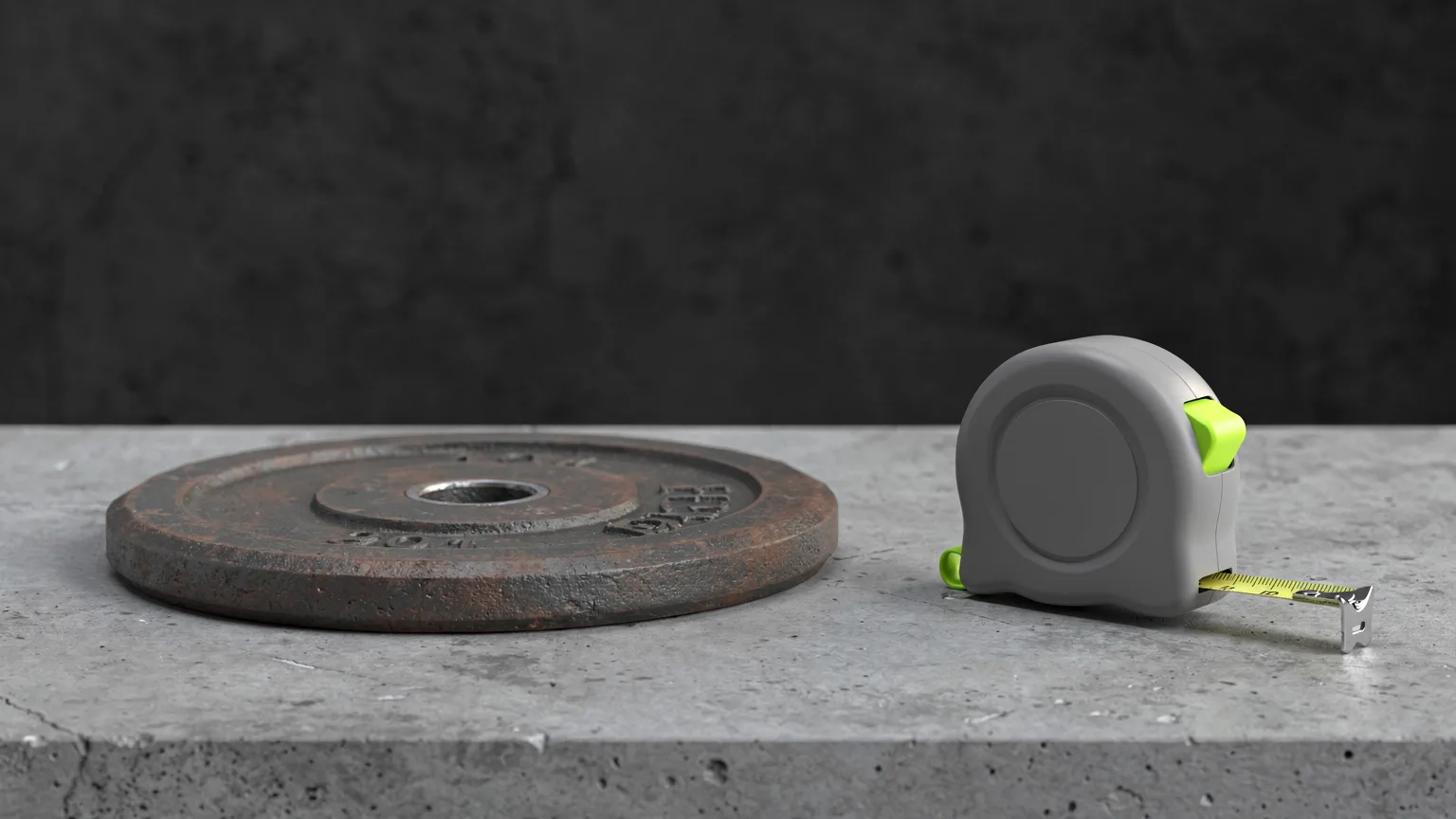 AI-generated concept illustration: a generic used cast iron weight plate with scuffs on a workbench beside a tape measure, volt green tape
