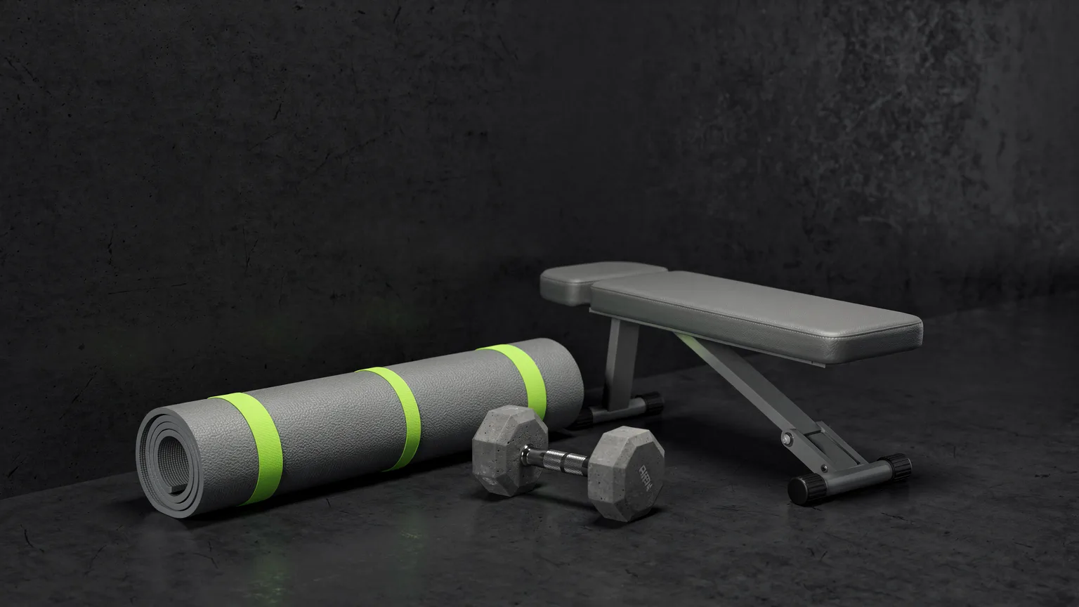 AI-generated concept illustration: a tiny corner of a room with a rolled mat, a pair of dumbbells and a folded bench, volt green mat strap