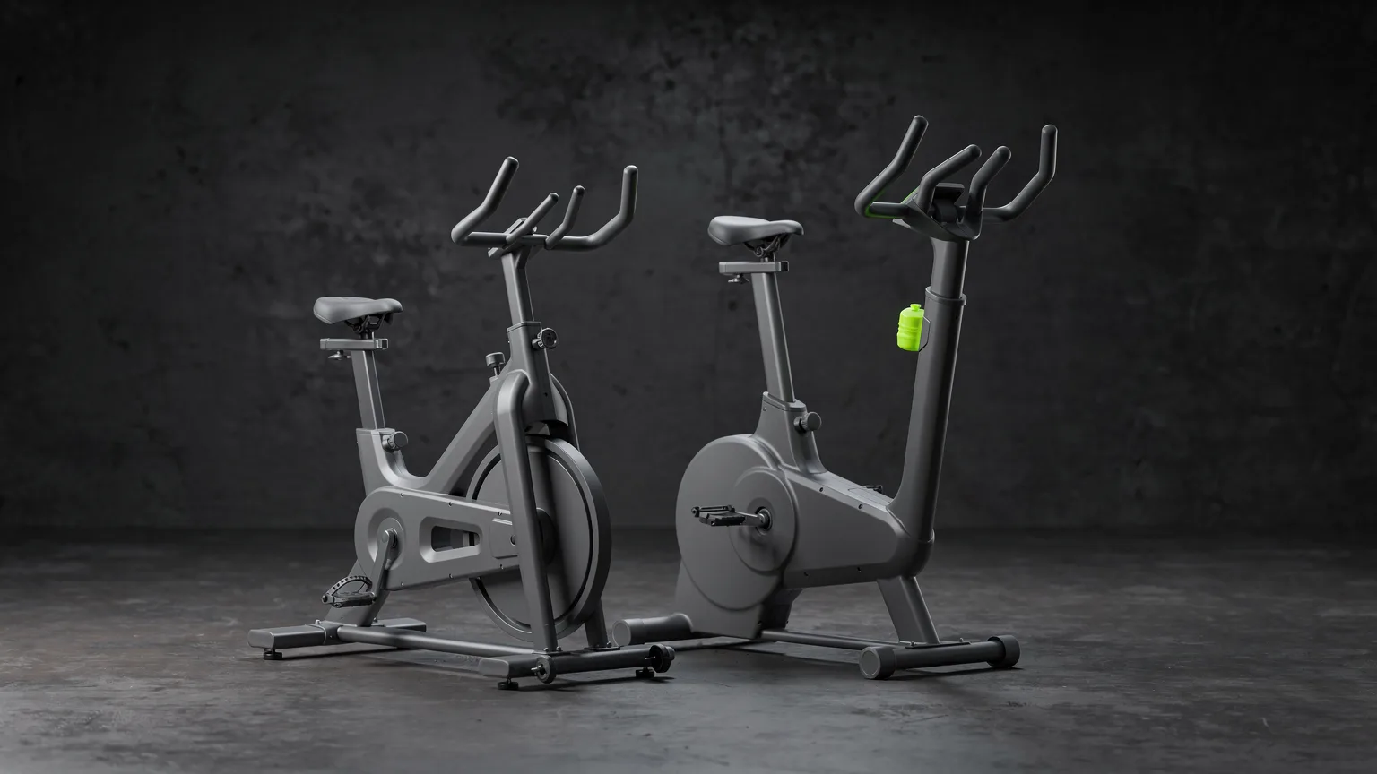 Two generic grey exercise bikes side by side on a concrete floor, one spin-style frame and one upright frame, with a volt-green handlebar accent