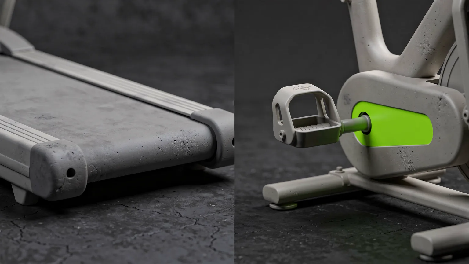 AI-generated concept illustration: a generic treadmill belt and a generic exercise bike pedal in a split composition, volt green accent on the pedal