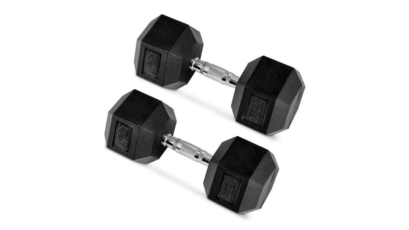 MuscleSquad Rubber Hex Dumbbells 22.5kg (Pair) product photo on a white background